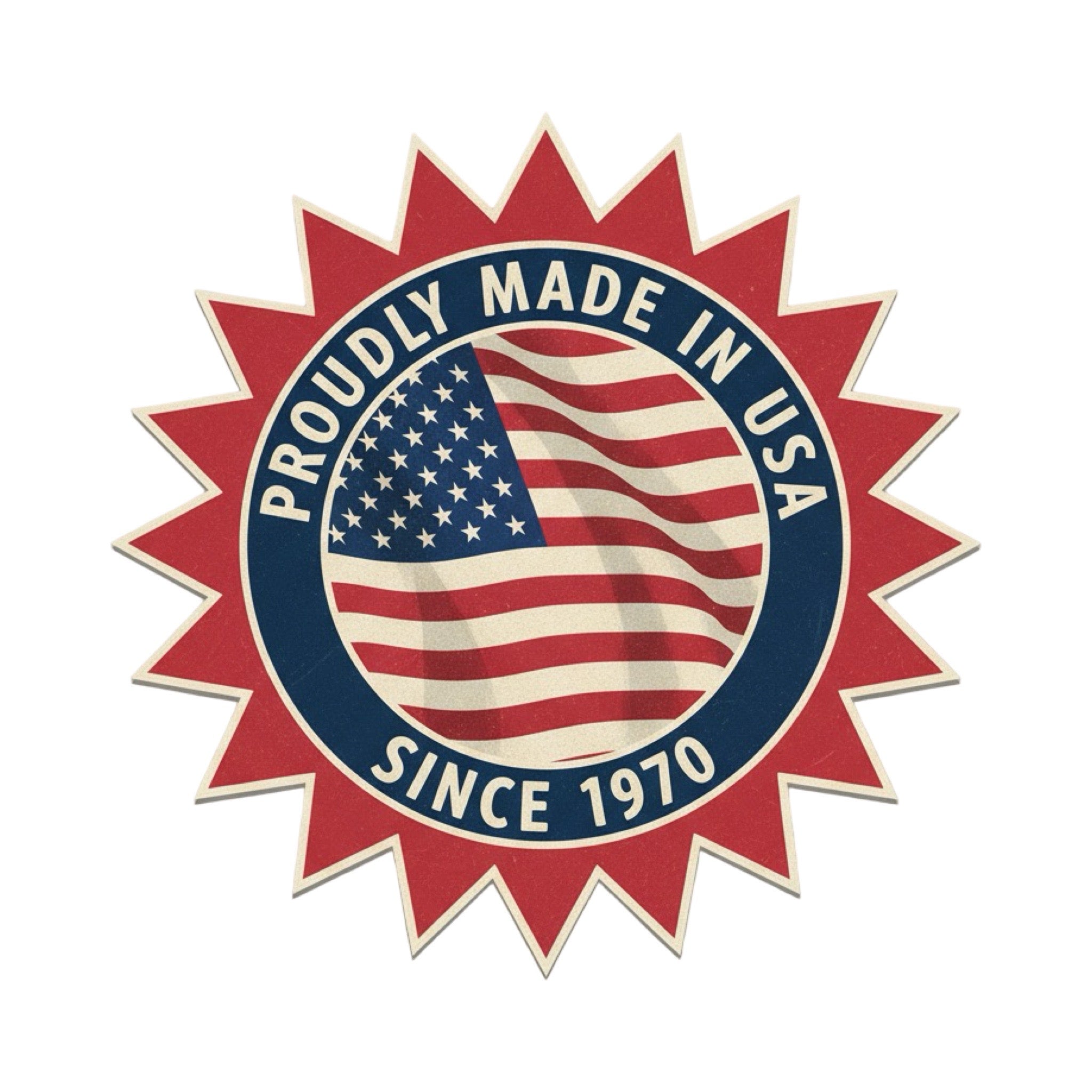 Logo with American flag and text 'Proudly Made in USA Since 1970' on a white background