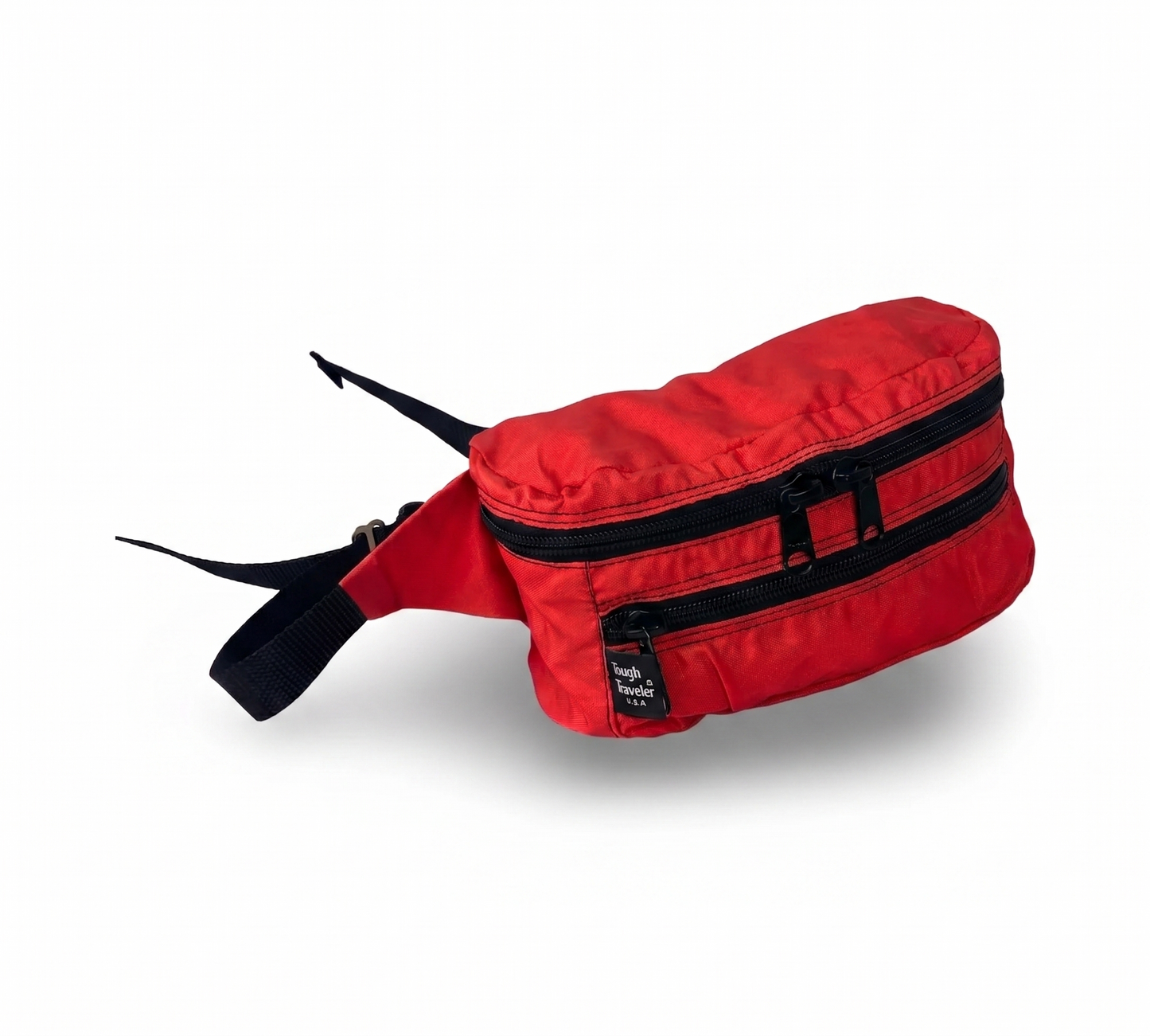 Red pouch with black straps on a white background